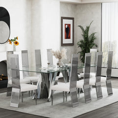 Luxury Tempered Glass Dining Table with Mirrored Stainless Steel Base