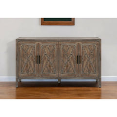 HomeRoots 60" Natural and Brown Distressed Carved Geometric Sideboard with Four Doors - 59.8' X '33.9' X '15.7