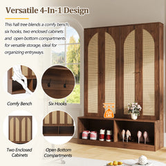 Farmhouse 4-in-1 Hall Tree with Rattan Doors and Storage Bench - 55.1" W × 15.7" D × 78.7" H