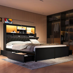 King/Queen Storage Bed with LED Headboard, Charging Station & 4 Drawers