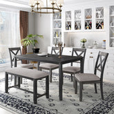 Merax Wooden 6-Piece Kitchen Dining Set with Bench and 4 Dining Chairs