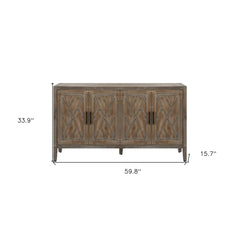 HomeRoots 60" Natural and Brown Distressed Carved Geometric Sideboard with Four Doors - 59.8' X '33.9' X '15.7