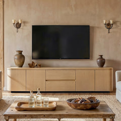 Modern Oak Wood TV Stand with 2 Drawers and Cabinets, 86.6" Long Media Console with Push-to-Open Doors, Anti-Tip Safety Design