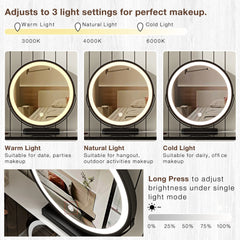 Modern Vanity Table with Tempered Glass Top, Adjustable Height Legs, Multi-functional Storage Cabinet and Round Mirror
