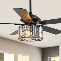 Parrot Uncle 52" Black Wood Modern Crystal Indoor Ceiling Fan Chandelier with Remote