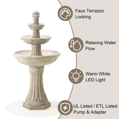 Glitzhome 45.25"H Oversized Sand Beige Terrazzo Resin 3-Tier Lighted Outdoor Fountain