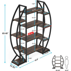 Industrial Bookshelf, Oval Triple Wide 5 Tiers Etagere Bookcase - 11.81"D x 55.11"W x 69.68"H