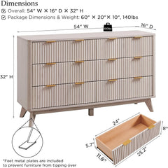 Modern Fluted 6 Drawers Dresser, Chest of Drawers, Dresser TV Stand