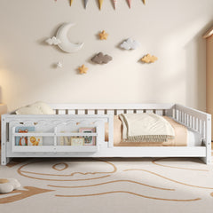 Montessori Toddler Floor Bed Children Daybed Kids Wood Platform Storage Bed with Guardrail and Side Creativity Storage Shelves