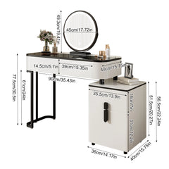 Modern Vanity Table with Tempered Glass Top, Adjustable Height Legs, Multi-functional Storage Cabinet and Round Mirror