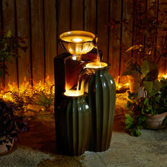 Glitzhome 26.75"H 3-Tiered Fluted Texture Ceramic Outdoor Floor Fountain with LED Lights