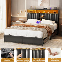 Upholstered Bed Frame with Storage Shelving, Platform Beds with Charge Station and LED Lights