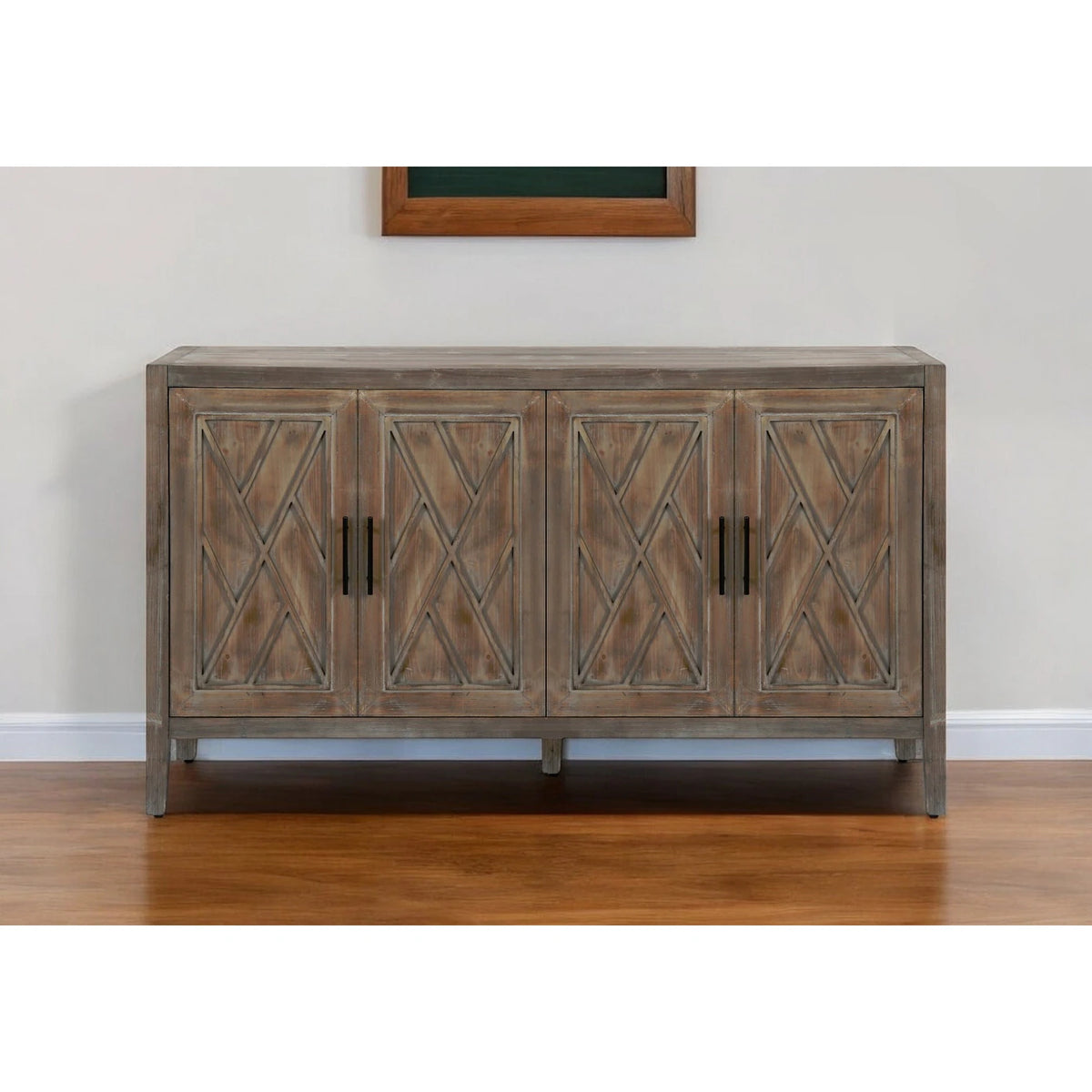 HomeRoots 60" Natural and Brown Distressed Carved Geometric Sideboard with Four Doors - 59.8' X '33.9' X '15.7