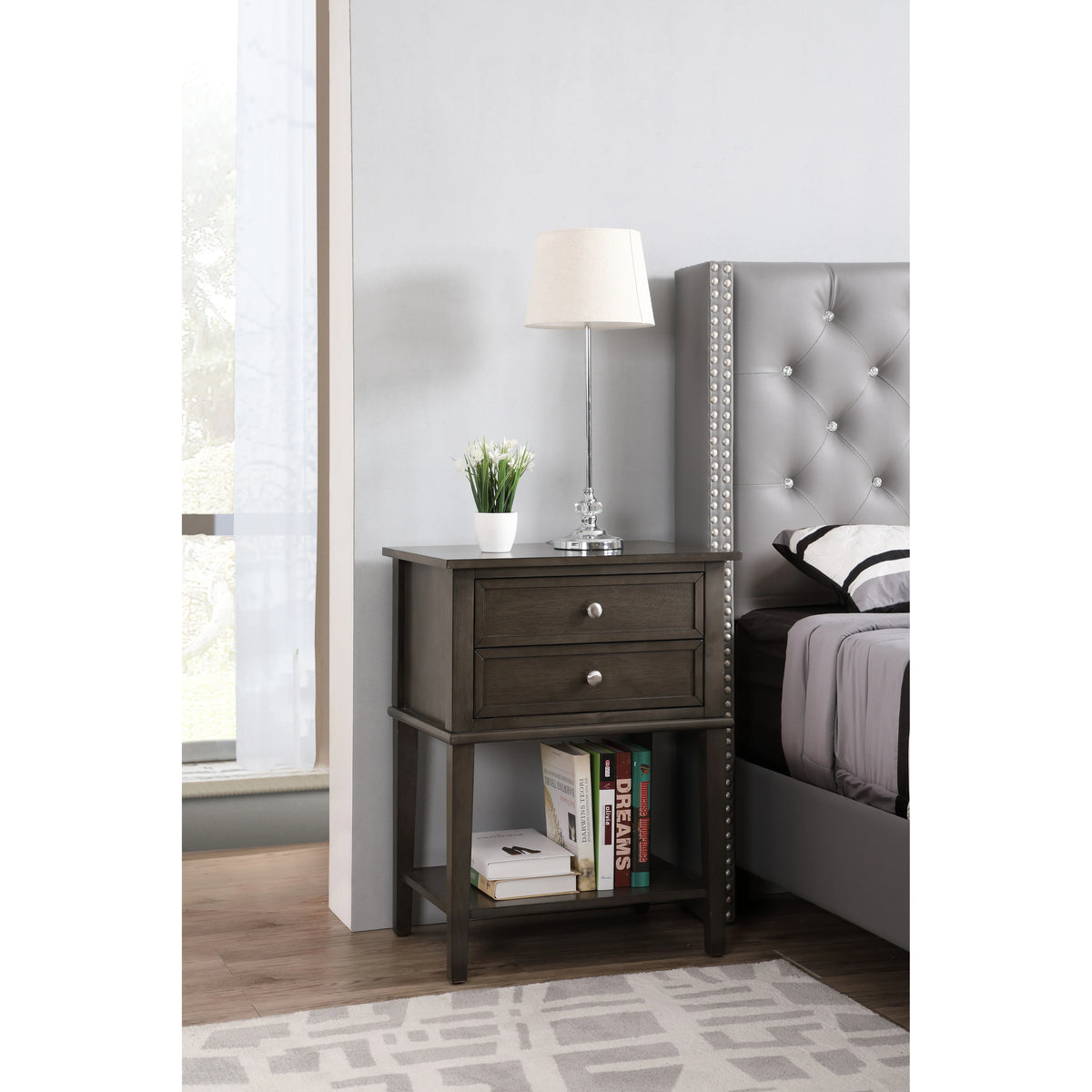 Modern 22-in Metal Hand Holder 2-Drawer Wood Nightstand with Shelf