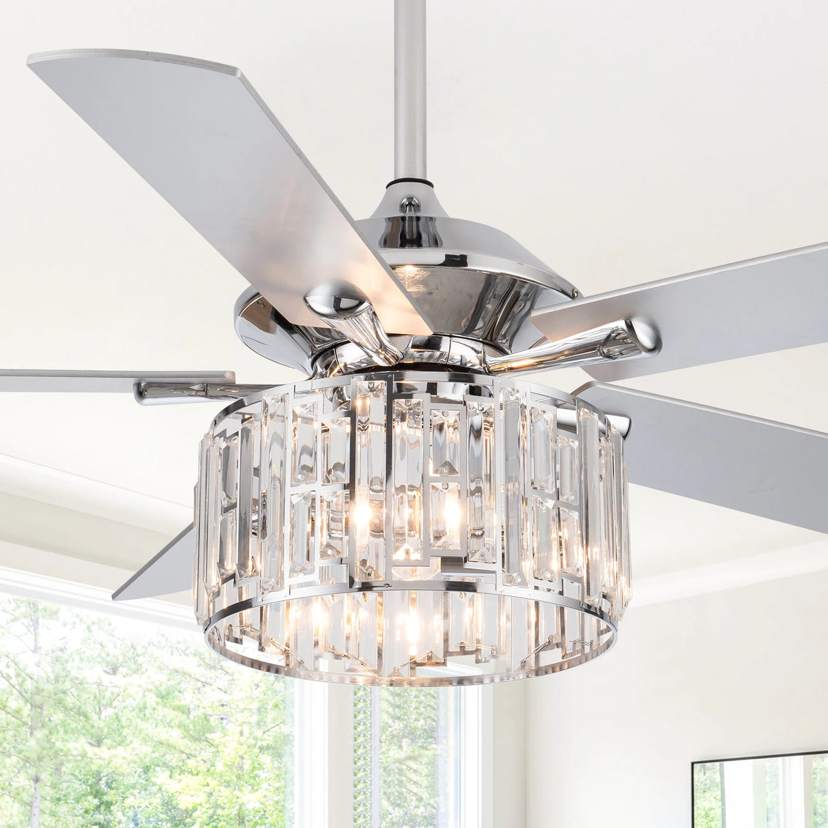 Parrot Uncle 52" Chrome Modern Bedroom Crystal Fandelier Ceiling Fan with Remote