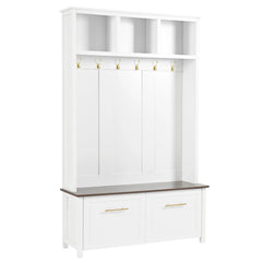 Elegant 4-in-1 Hall Tree with Golden Hooks, Wood Grain Bench, and Ample Storage