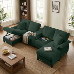 Homy Casa 120" U-Shaped Modular Corduroy Sectional Sofa Bed w/ Storage, Cup Holders & USB, 4-Seat (Beige/Green/Gray/Black)