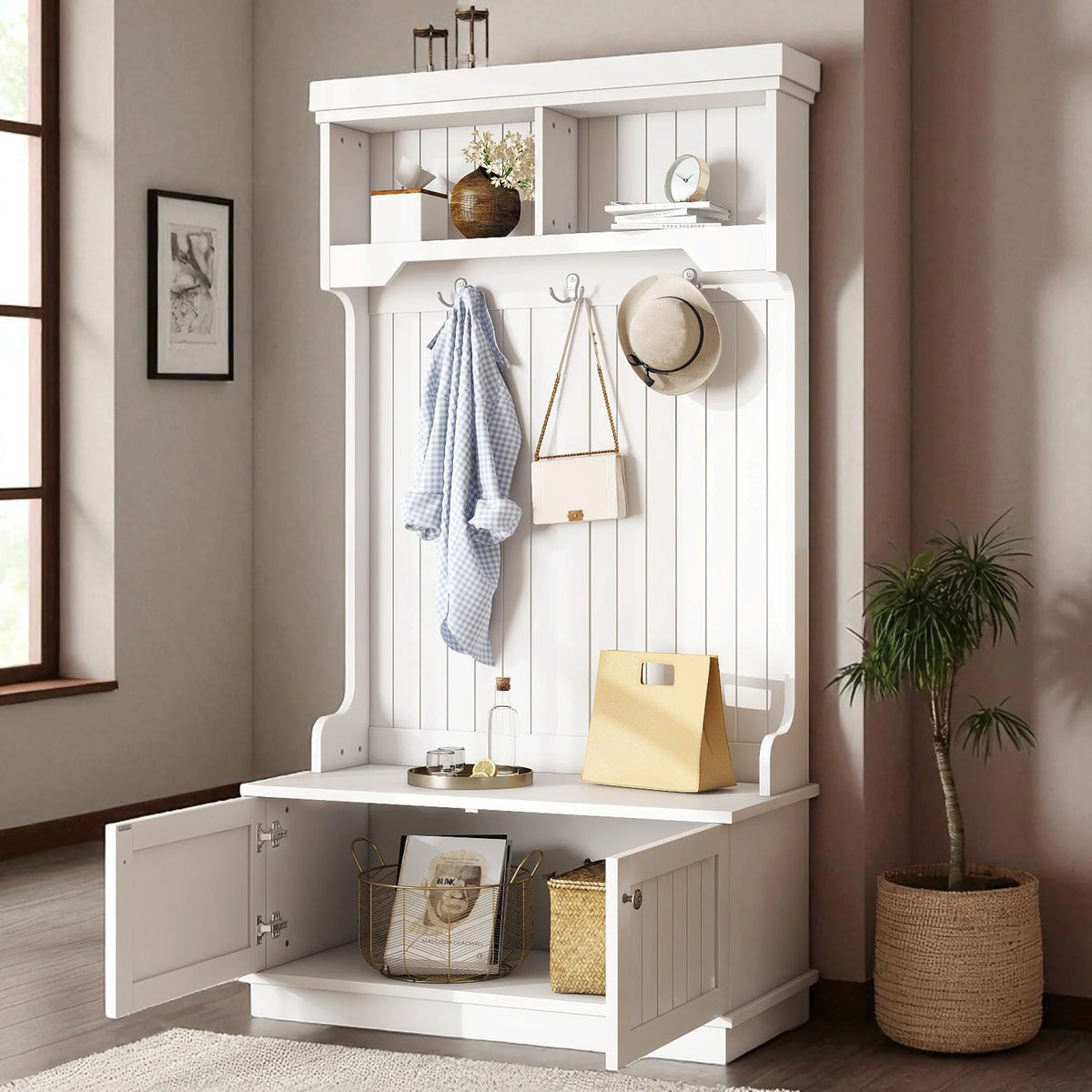 Hall Tree with Shoe Storage Bench, Coat Rack with Hooks, Entryway Organizer, 35.4 x 17 x 64.4 in, 4-in-1 Design