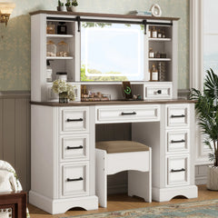 Large Makeup Vanity and Stool Set, Farmhouse Vanity Desk Dressing Table with Sliding Mirror & Charging Station