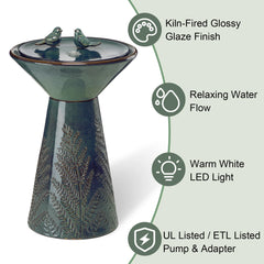 Glitzhome 27.5"H Two Birds Embossed Ceramic LED Birdbath Patio Outdoor Fountain