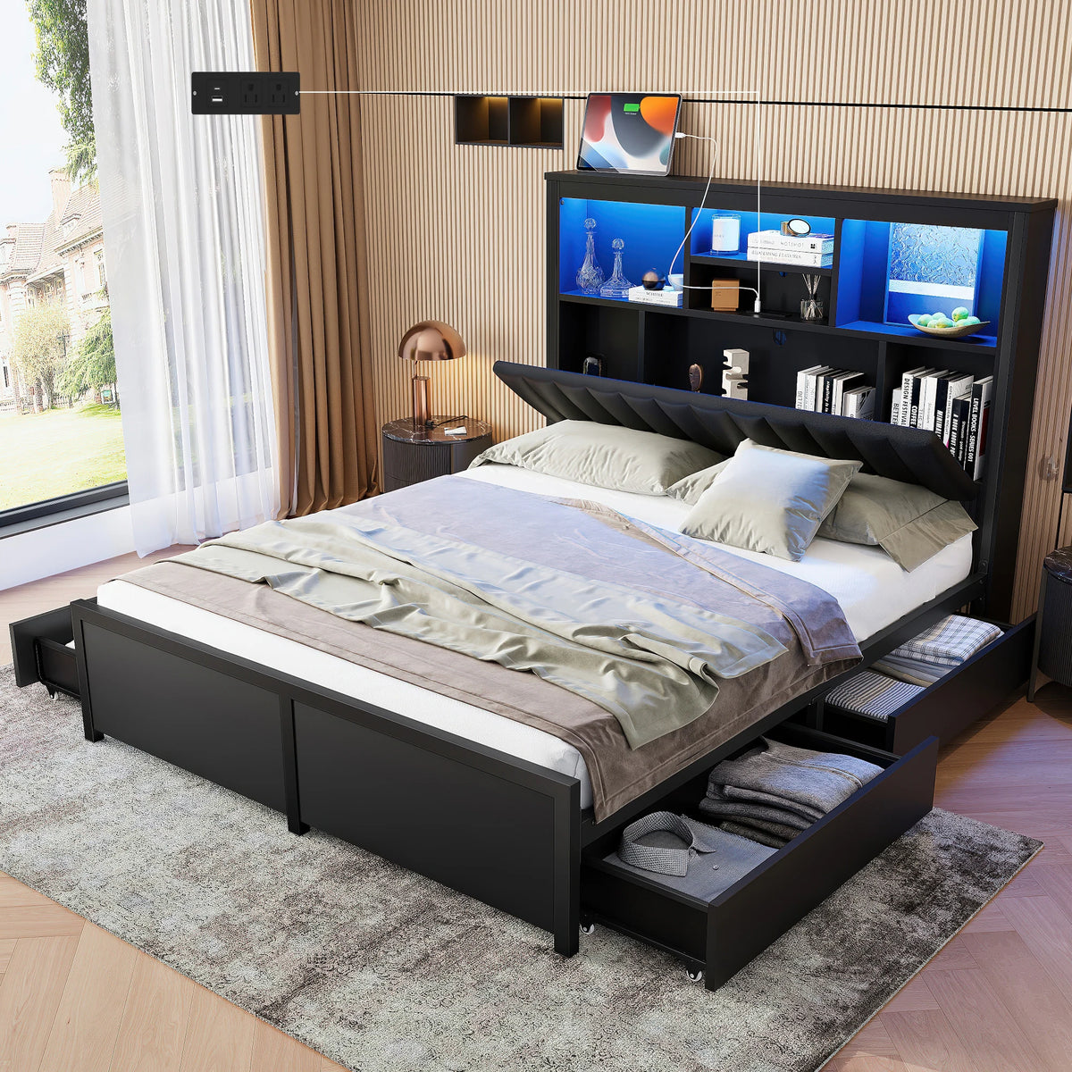 King/Queen Storage Bed with LED Headboard, Charging Station & 4 Drawers