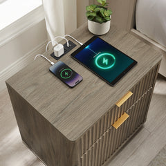 Modern Fluted Nightstand with Charging Station, 2 Drawer Bedside Table