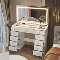 LED Lighted Makeup Vanity w/10 Drawer Modern Dressing Table for Bedroom Glass Top Vanity Table