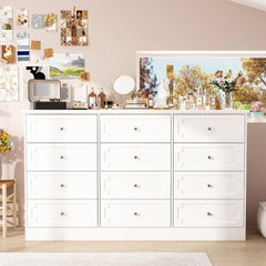 Modern 12-Drawer White Wooden Dresser for Bedroom and Living Room Storage