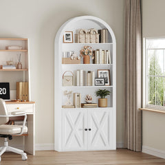 6-Tier Bookshelf, 74.6'' Farmhouse Arched Bookcase with Cabinet, Freestanding Engineered Wood Display Bookshelf, with Adjustable Shelves, for Living Room, Study, Kitchen, Black BKBK2601
