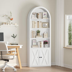 6-Tier Bookshelf, 74.6'' Farmhouse Arched Bookcase with Cabinet, Freestanding Engineered Wood Display Bookshelf, with Adjustable Shelves, for Living Room, Study, Kitchen, Black BKBK2601