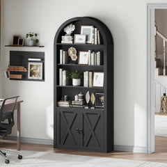 6-Tier Bookshelf, 74.6'' Farmhouse Arched Bookcase with Cabinet, Freestanding Engineered Wood Display Bookshelf, with Adjustable Shelves, for Living Room, Study, Kitchen, Black BKBK2601