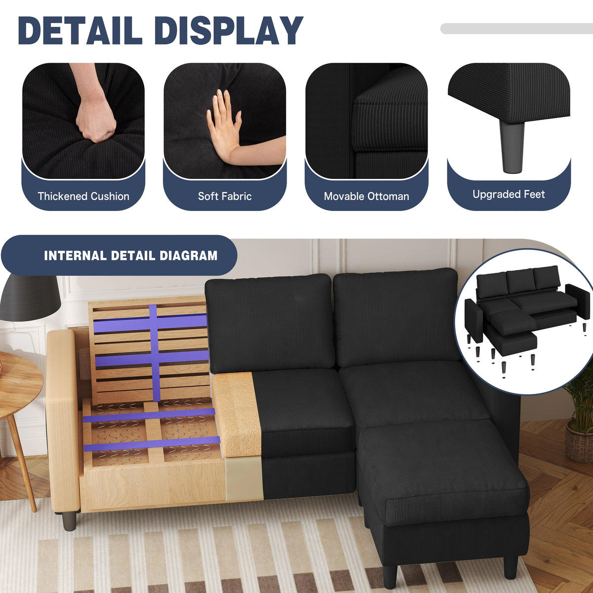 Futzca 74" Convertible Sectional Sofa Couch, Small L-Shaped Sofa