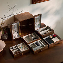 Handmade 5-Layer Jewelry Box – Black Walnut Wood with Velvet Interior, Magnetic Doors, Gold Handle – Elegant Storage - 9 in