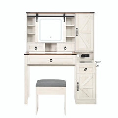 Farmhouse Vanity Desk with Sliding Mirror & Lights, Glass Top Vanity Set