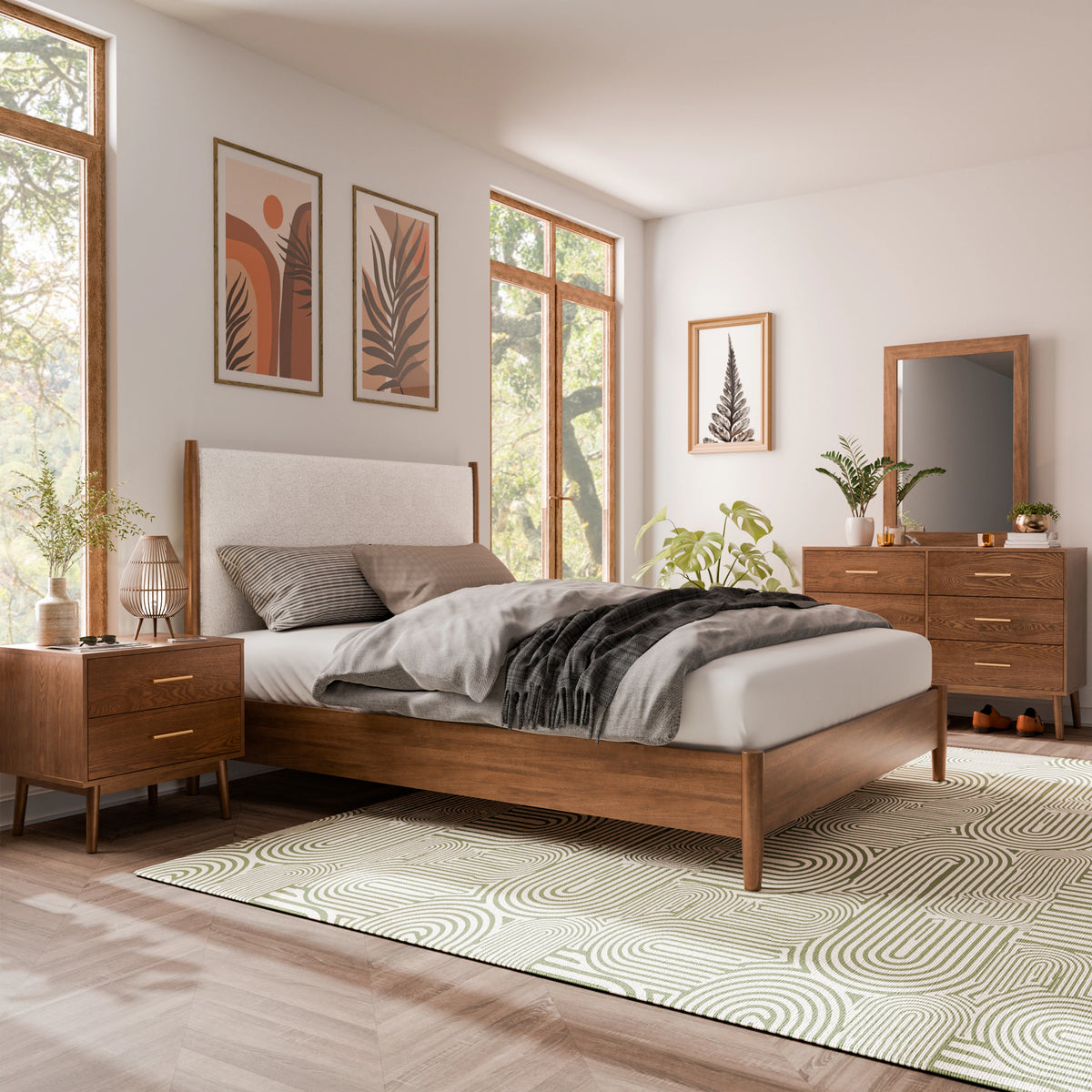 Furniture of America Beau Midcentury 4-Piece Boucle Platform Bedroom Set