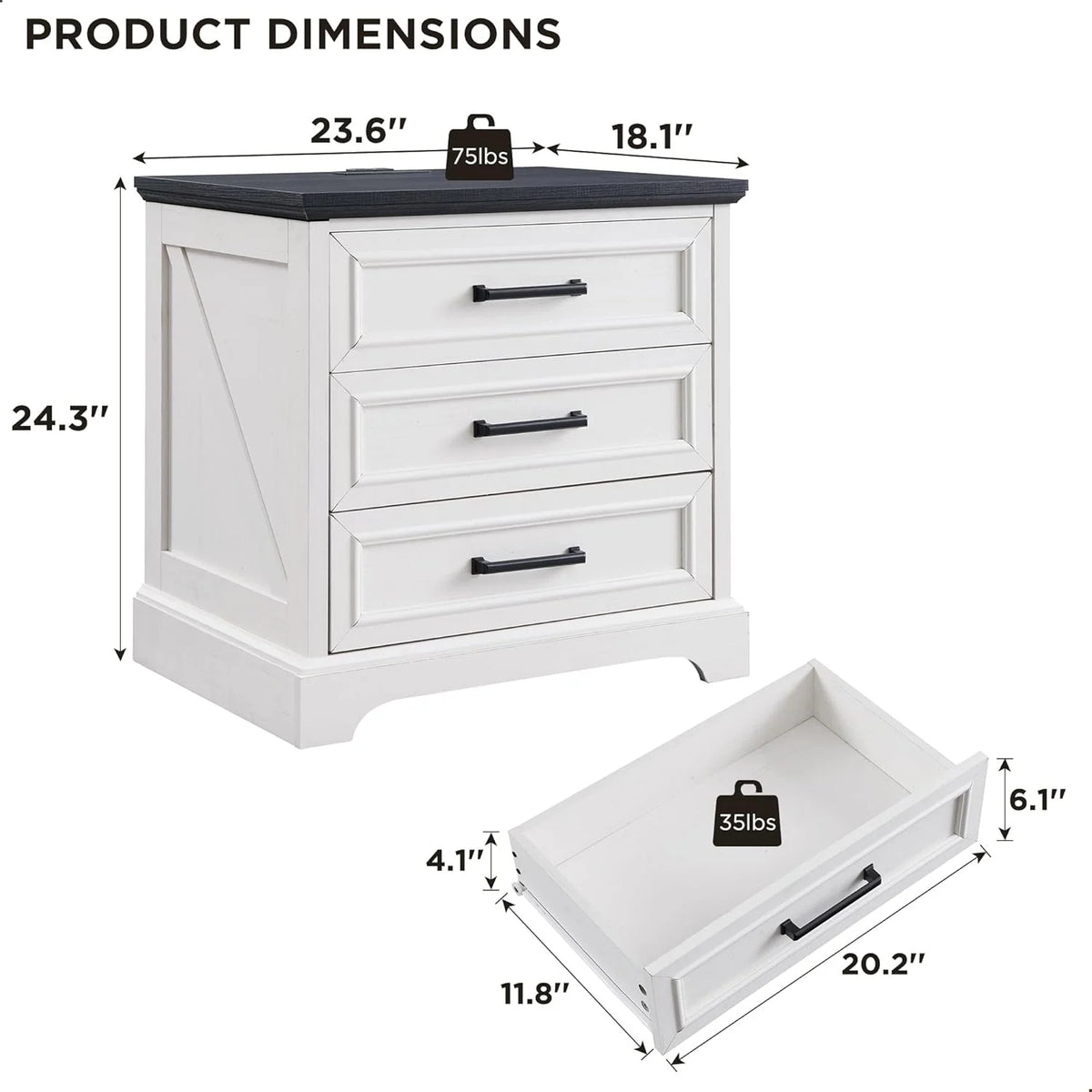 Farmhouse 3-Drawer Nightstand, Wide End Table with Charging Station