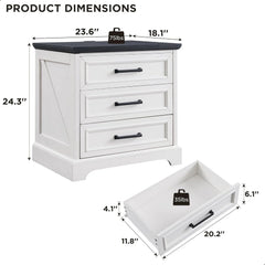 Farmhouse 3-Drawer Nightstand, Wide End Table with Charging Station
