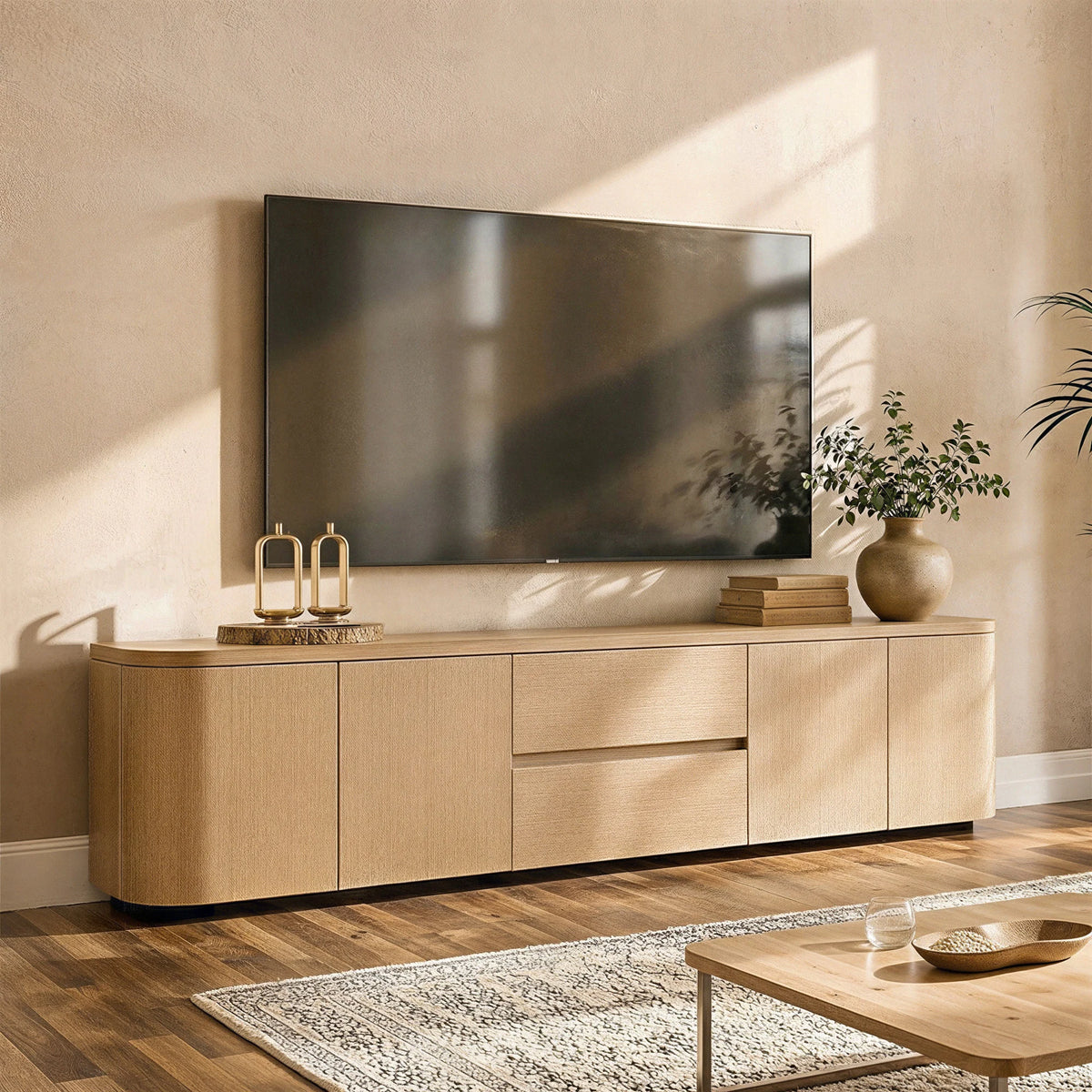 Modern Oak Wood TV Stand with 2 Drawers and Cabinets, 86.6" Long Media Console with Push-to-Open Doors, Anti-Tip Safety Design