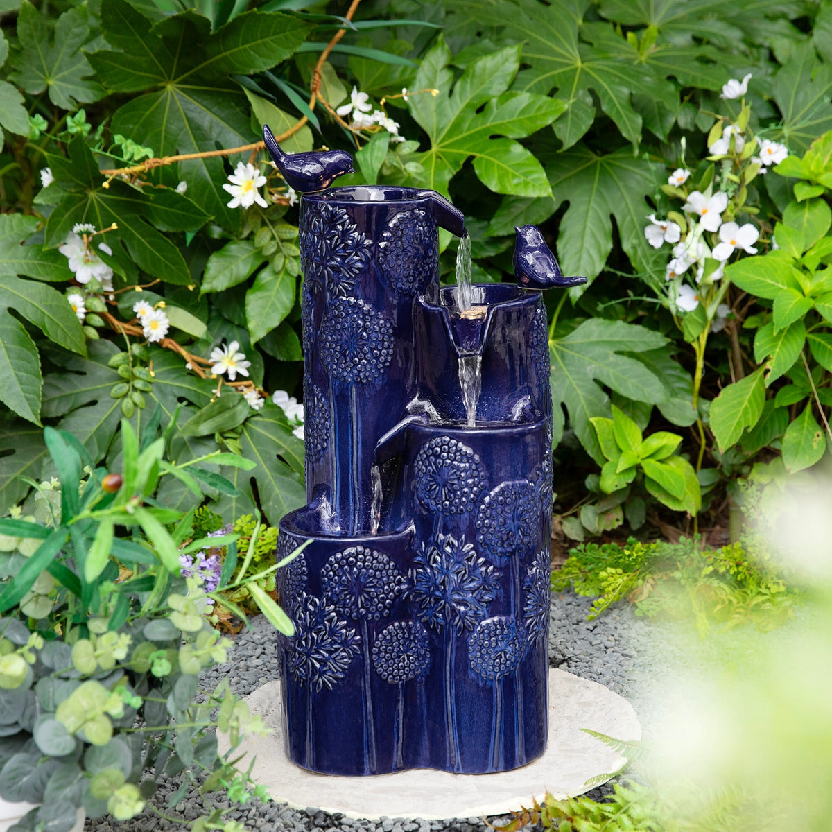 Glitzhome 26"H/ 31"H 4-Tier LED Vase-Shaped Ceramic Outdoor Floor Fountain with Birds/ Lotus