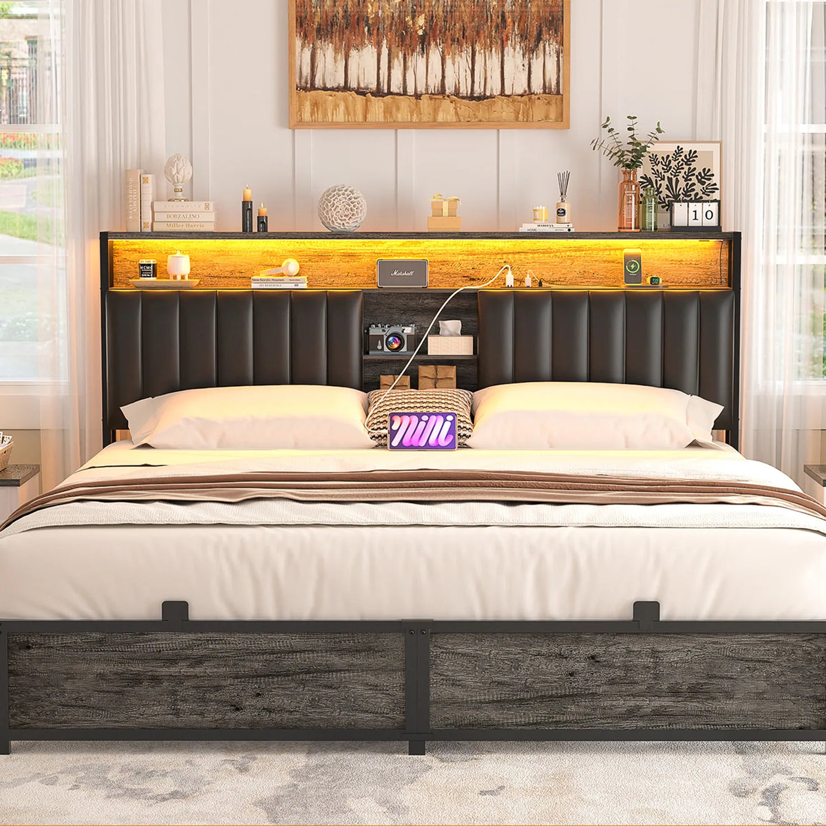 Upholstered Bed Frame with Storage Shelving, Platform Beds with Charge Station and LED Lights