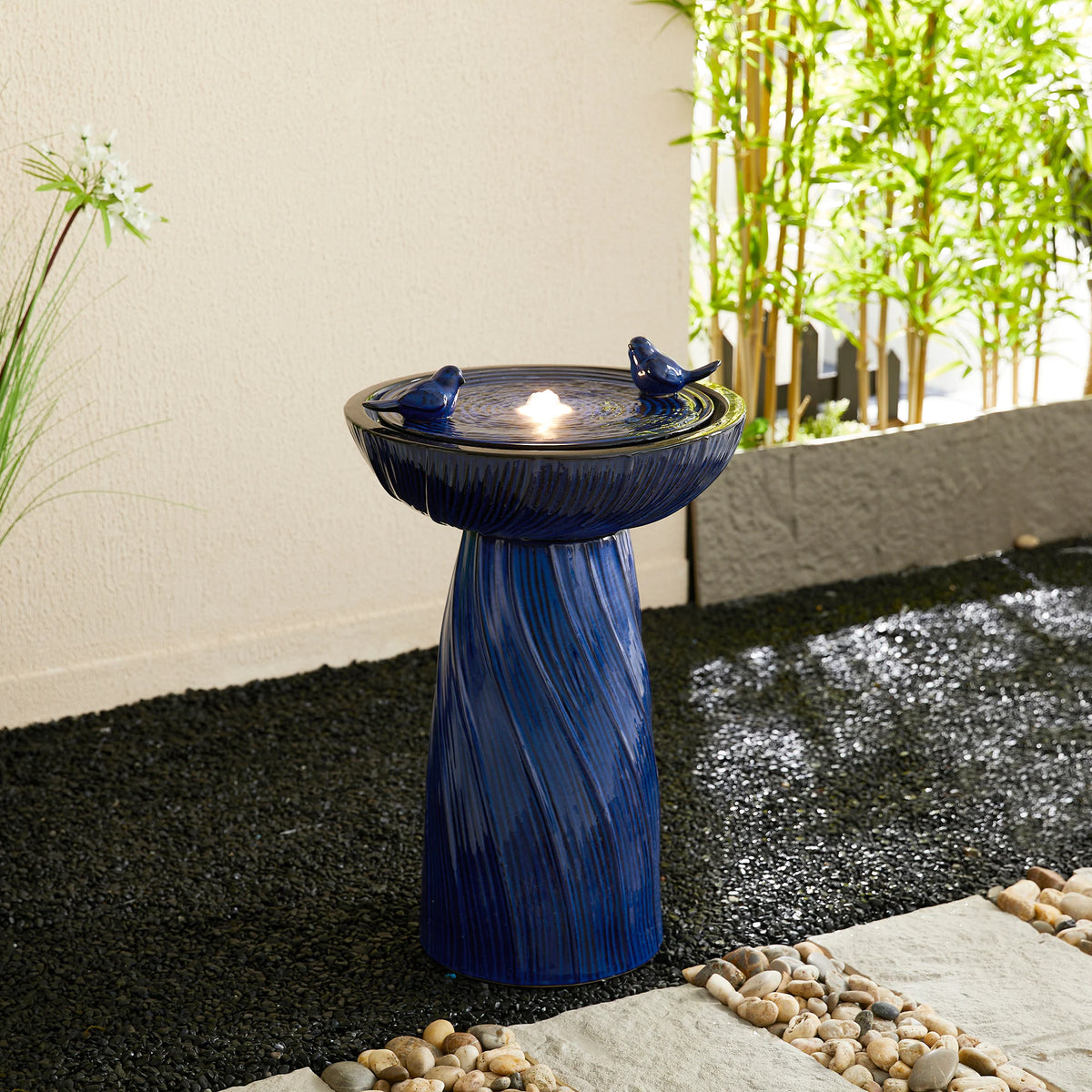 Glitzhome 27.5"H Two Birds Embossed Ceramic LED Birdbath Patio Outdoor Fountain