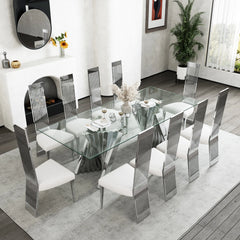 Luxury Tempered Glass Dining Table with Mirrored Stainless Steel Base