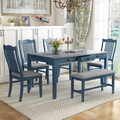 Mid-Century Modern 6-Piece Dining Table Set with Storage Drawer and Upholstered Chairs for Kitchen or Dining Room Use