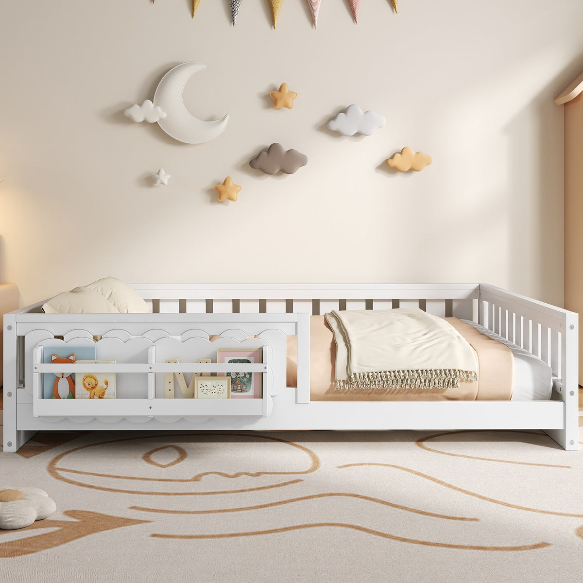 Montessori Toddler Floor Bed Children Daybed Kids Wood Platform Storage Bed with Guardrail and Side Creativity Storage Shelves