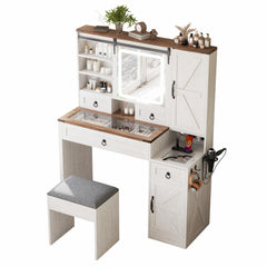 Farmhouse Vanity Desk with Sliding Mirror & Lights, Glass Top Vanity Set