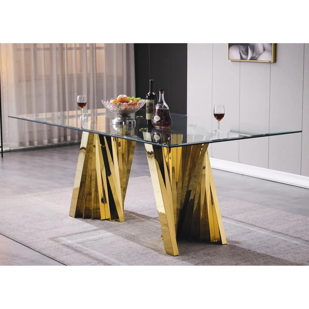 Luxury Tempered Glass Dining Table with Mirrored Stainless Steel Base