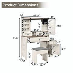 Farmhouse Vanity Desk with Sliding Mirror & Lights, Glass Top Vanity Set