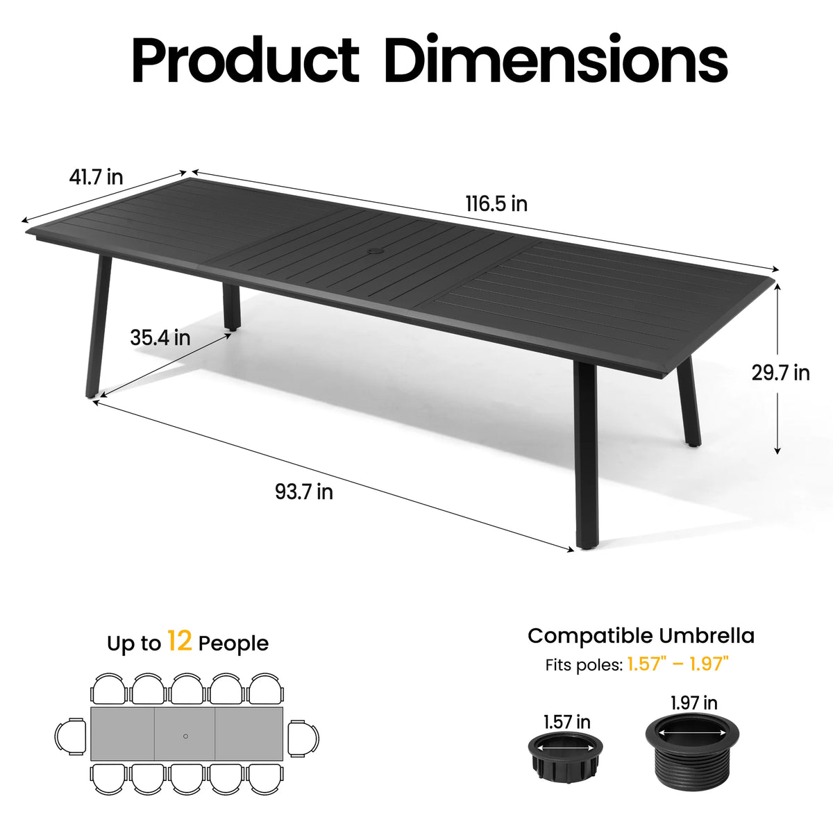 Outdoor All-Aluminum Dining Table with Umbrella Hole for 6-12 Person