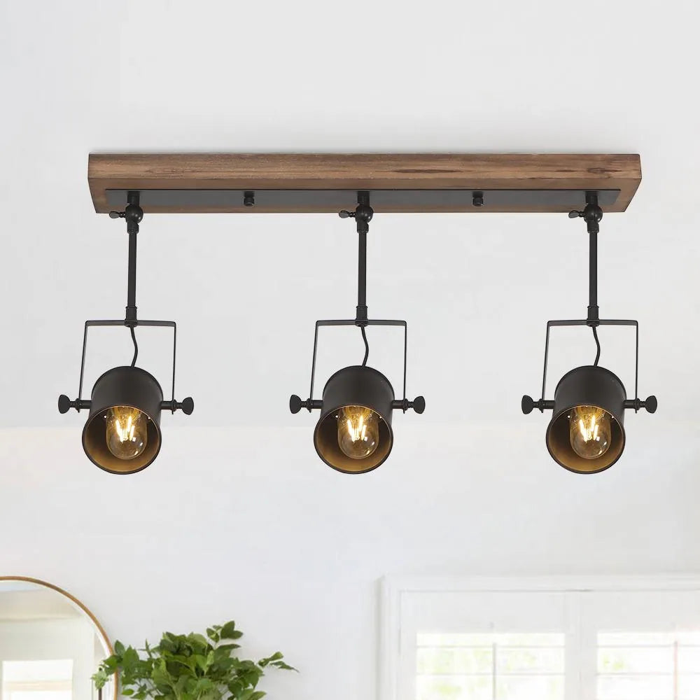 Industrial 3-Light Black Ceiling Track Light - Brown Wood + Black Metal