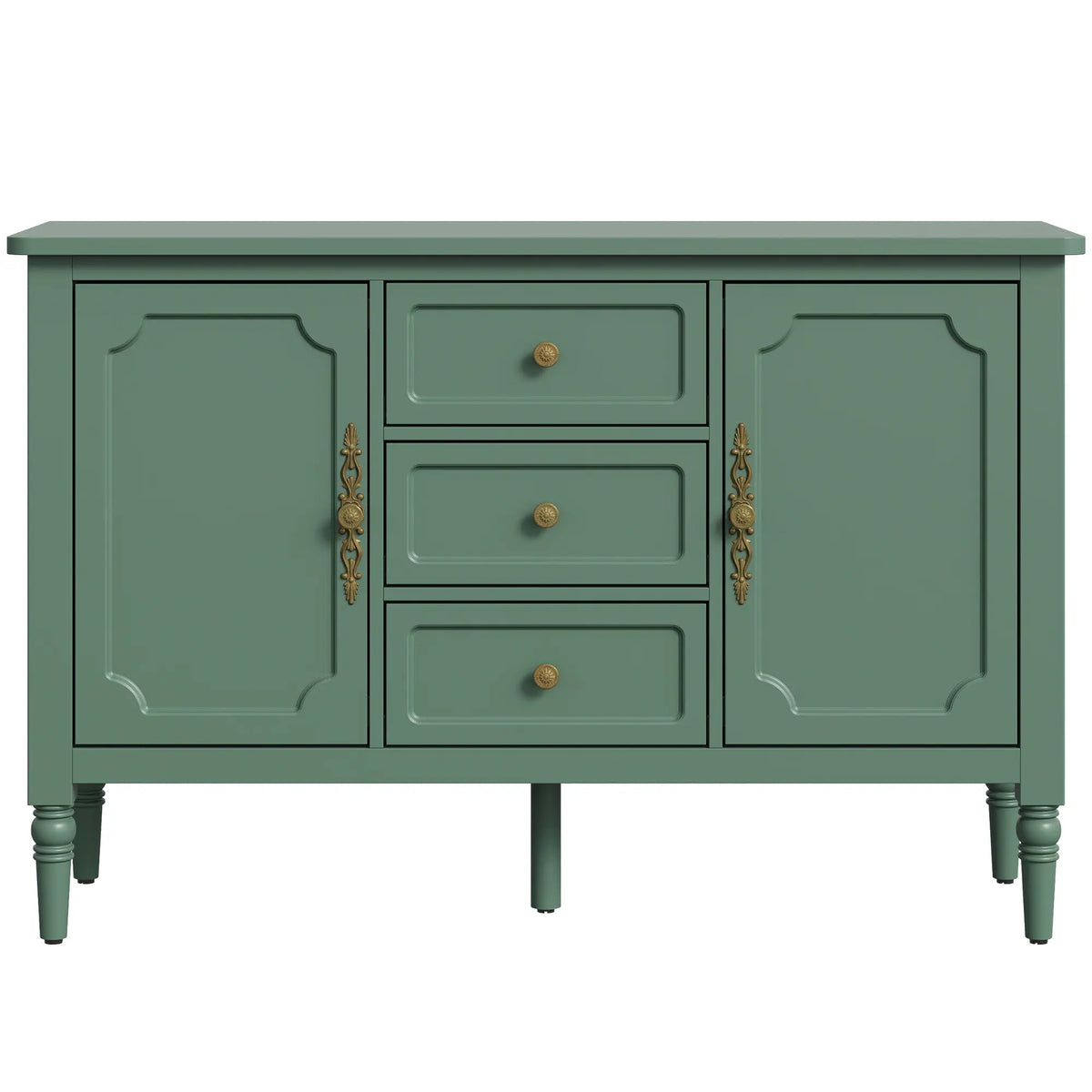 Green Storage Cabinet with 2 Doors & 3 Drawers, Buffet Cabinet with Adjustable Shelves and Turned Legs